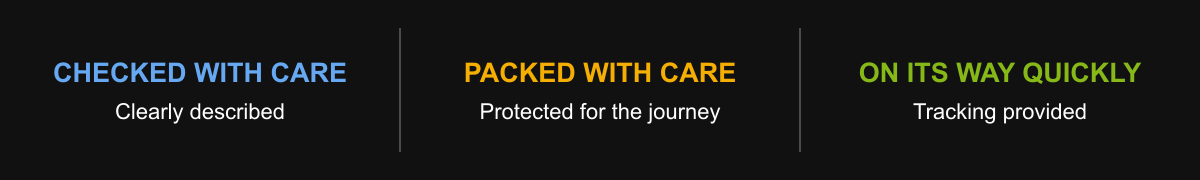 Checked with care. Packed with care. On its way quickly with tracking provided.