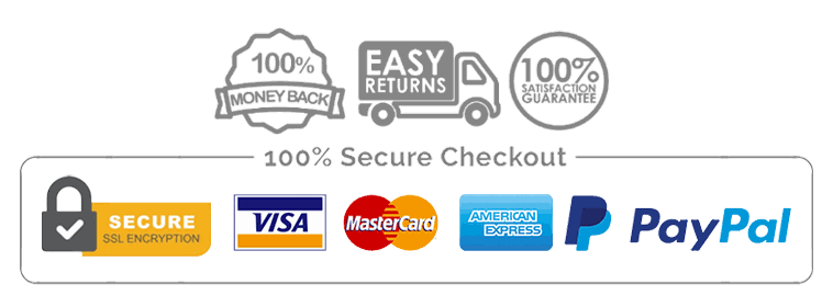 Secure checkout with Visa, Mastercard, American Express and PayPal